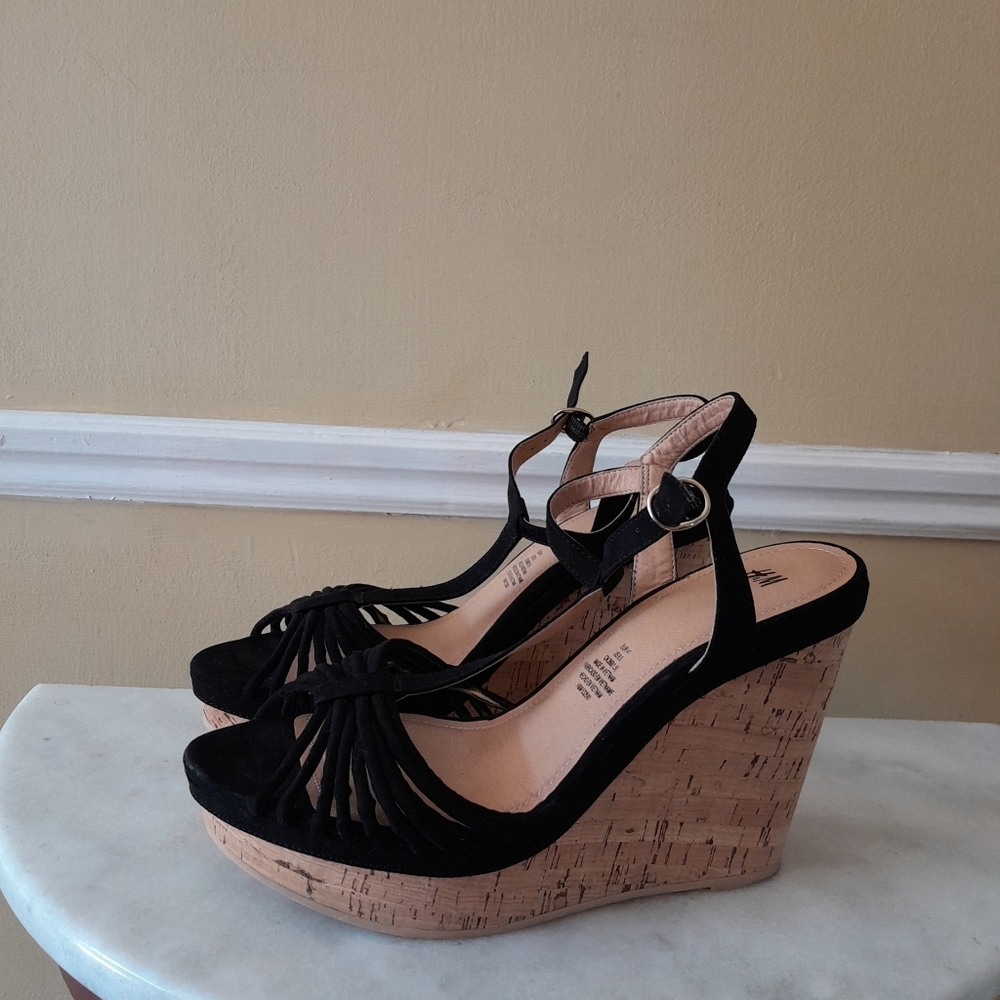 H&M Black  Open Toe Wedge Cork Heel Strappy Sandals Size 9.5